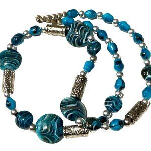 Whimsy Blue Swirl Bead Necklace Silver Tone Handmade Colorful Vintage
